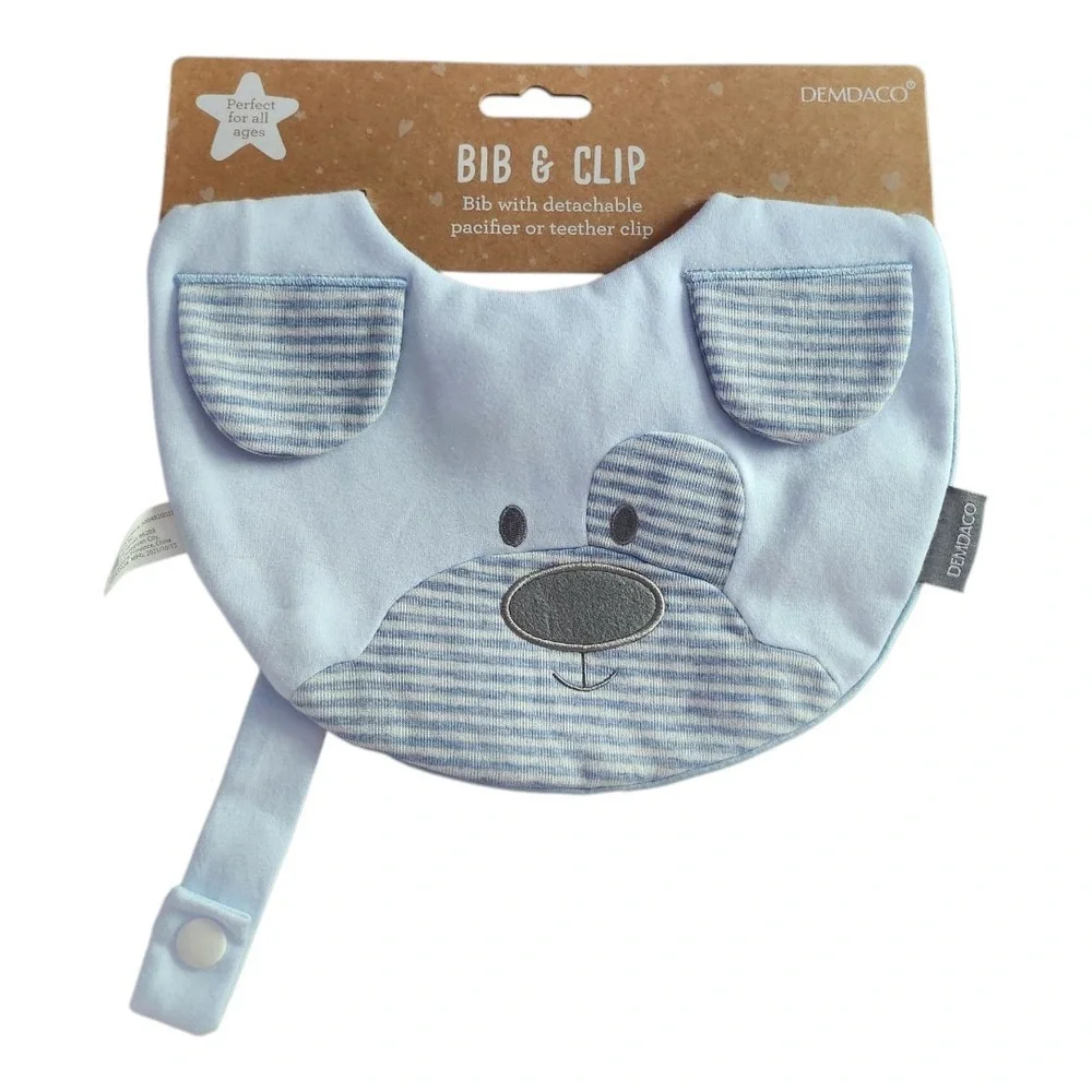 NWT Demdaco Puppy Bib Blue Soft Detachable Pacifier Or Teether Clip Baby Toddler